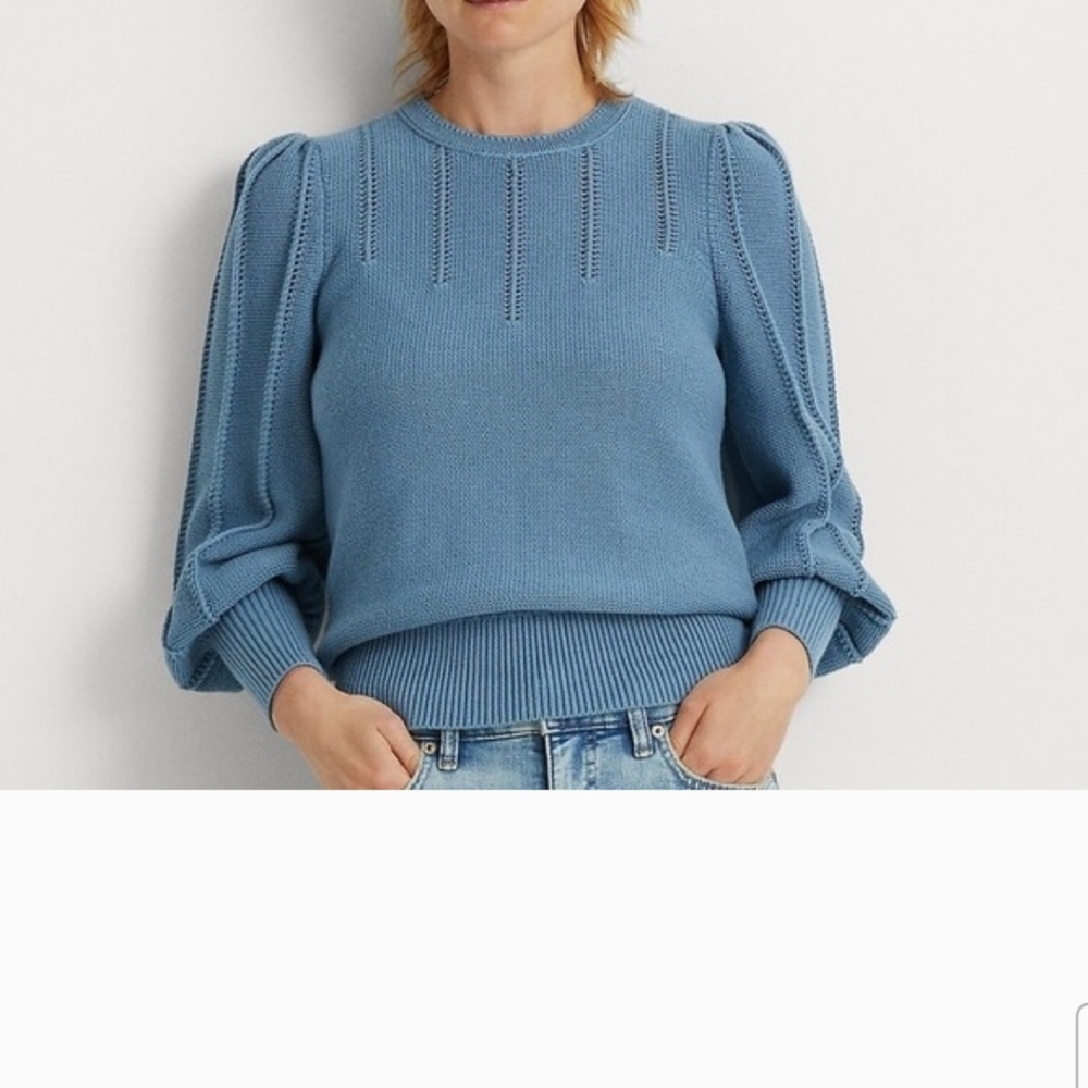 NWOT. Lauren Ralph Lauren Reverse Jersey Stitch Puff Sleeve Sweater Sz. L